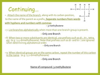 • . Attach the name of the branch, along with its carbon position,
to the name of the parent as a prefix. Separate numbers from words
with hyphens and numbers with commas
• 3-methylbutene
• 7. List branches alphabetically when more than one branch group is present.
• Only one Branch
• 8.When two or more substituents are identical, use prefixes such as di-, tri-, tetra,
etc. (e.g. 2,4-dimethylhexane). Note that prefixes such as di- and tri- ) are ignored
when determining alphabetical order.
• Only one Branch
• 9.When identical groups are on the same carbon, repeat the number of this carbon
in the name. (e.g. 2,2-dimethylhexane)
• Only one Branch
Name of compound: 3-methylbutene
Continuing…
 