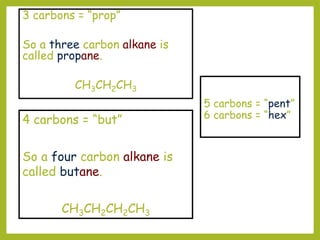 5 carbons = “pent”
6 carbons = “hex”
3 carbons = “prop”
So a three carbon alkane is
called propane.
CH3CH2CH3
4 carbons = “but”
So a four carbon alkane is
called butane.
CH3CH2CH2CH3
 