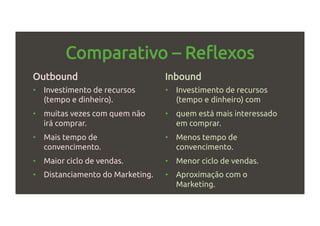 Comparativo – Reflexos
Outbound
•  Investimento de recursos
(tempo e dinheiro).
•  muitas vezes com quem não
irá comprar.
•  Mais tempo de
convencimento.
•  Maior ciclo de vendas.
•  Distanciamento do Marketing.
Inbound
•  Investimento de recursos
(tempo e dinheiro) com
•  quem está mais interessado
em comprar.
•  Menos tempo de
convencimento.
•  Menor ciclo de vendas.
•  Aproximação com o
Marketing.
 
