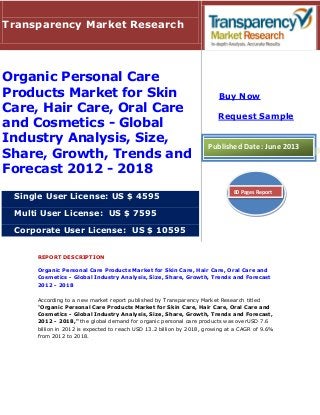 REPORT DESCRIPTION
Organic Personal Care Products Market for Skin Care, Hair Care, Oral Care and
Cosmetics - Global Industry Analysis, Size, Share, Growth, Trends and Forecast
2012 - 2018
According to a new market report published by Transparency Market Research titled
"Organic Personal Care Products Market for Skin Care, Hair Care, Oral Care and
Cosmetics - Global Industry Analysis, Size, Share, Growth, Trends and Forecast,
2012 - 2018," the global demand for organic personal care products was overUSD 7.6
billion in 2012 is expected to reach USD 13.2 billion by 2018, growing at a CAGR of 9.6%
from 2012 to 2018.
Transparency Market Research
Organic Personal Care
Products Market for Skin
Care, Hair Care, Oral Care
and Cosmetics - Global
Industry Analysis, Size,
Share, Growth, Trends and
Forecast 2012 - 2018
Single User License: US $ 4595
Multi User License: US $ 7595
Corporate User License: US $ 10595
Buy Now
Request Sample
Published Date: June 2013
80 Pages Report
 