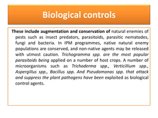 Biological controls 
These include augmentation and conservation of natural enemies of 
pests such as insect predators, parasitoids, parasitic nematodes, 
fungi and bacteria. In IPM programmes, native natural enemy 
populations are conserved, and non-native agents may be released 
with utmost caution. Trichogramma spp. are the most popular 
parasitoids being applied on a number of host crops. A number of 
microorganisms such as Trichoderma spp., Verticillium spp., 
Aspergillus spp., Bacillus spp. And Pseudomonas spp. that attack 
and suppress the plant pathogens have been exploited as biological 
control agents. 
 