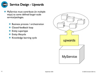 Service Design - Upwards MyService must contribute (in multiple ways) to some defined larger-scale service/packages. Business process / orchestration  Closed feedback loop  Entity supertype  Entity lifecycle  Knowledge learning cycle  MyService upwards 