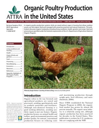 Organic Poultry Production
ATTRA in the United States
    A Publication of ATTRA - National Sustainable Agriculture Information Service • 1-800-346-9140 • www.attra.ncat.org

By Anne Fanatico, Ph.D.                       In organic poultry production systems, birds are raised without cages in housing that allows outdoor
NCAT Agriculture                              access, are fed organic feed and managed with proactive practices and natural treatments. This pub-
Specialist                                    lication discusses organic husbandry including living conditions, health, genetics and origin, feed and
© 2008 NCAT                                   processing as speciﬁed under the livestock requirements of the U.S. Department of Agriculture National
                                              Organic Program.




Contents
Introduction ..................... 1
Living conditions and
housing .............................. 2
Health ................................. 4
Origin of birds and
genetics ............................. 6
Feed .................................... 7
Processing ......................... 8
Recordkeeping ................ 9
Economics......................... 9
Resources ........................ 10
References ...................... 10
Appendix: Highlights of
the Organic Poultry
Programs ......................... 11




                                              Photo by Sergio Venturi. Courtesy of stock.xchng, www.sxc.hu/index.phtml


                                              Introduction                                           and maximizing production through
                                                                                                     weight gain, feed efficiency and more
                                              Organic refers to the way livestock and                (Sundrum, 2006).
                                              agricultural products are raised and
ATTRA – National Sustainable                  processed, avoiding agrichemicals such                 Since USDA established the National
Agriculture Information Service is
managed by the National Center for            as synthetic pesticides and fertilizers.               Organic Program in 2002, the organic
Appropriate Technology (NCAT)                 Although non-chemical farming is a                     food market has grown by almost 20
and is funded under a grant
from the U.S. Department of                   good working deﬁ nition, avoiding syn-                 percent annually. The organic meat indus-
Agriculture’s Rural Business-                 thetic inputs is just one feature. Organic             try is a relatively young one, although
Cooperative Service. Visit the
NCAT Web site (www.ncat.org/                  production focuses on animal health and                organic production has been practiced
sarc_current.php) for                         welfare, good environmental practices and              for decades in the United States. This
more information on
our sustainable agri-                         product quality. In contrast, conventional             publication is written for U.S. producers
culture projects.                             production focuses on reducing costs                   who are complying with the NOP.
 