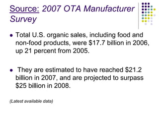 Source: 2007 OTA Manufacturer
Survey
 Total U.S. organic sales, including food and
non-food products, were $17.7 billion in 2006,
up 21 percent from 2005.
 They are estimated to have reached $21.2
billion in 2007, and are projected to surpass
$25 billion in 2008.
(Latest available data)
 