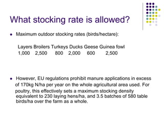 What stocking rate is allowed?
 Maximum outdoor stocking rates (birds/hectare):
Layers Broilers Turkeys Ducks Geese Guinea fowl
1,000 2,500 800 2,000 600 2,500
 However, EU regulations prohibit manure applications in excess
of 170kg N/ha per year on the whole agricultural area used. For
poultry, this effectively sets a maximum stocking density
equivalent to 230 laying hens/ha, and 3.5 batches of 580 table
birds/ha over the farm as a whole.
 