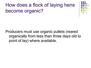 How does a flock of laying hens
become organic?
Producers must use organic pullets (reared
organically from less than three days old to
point of lay) where available.
 