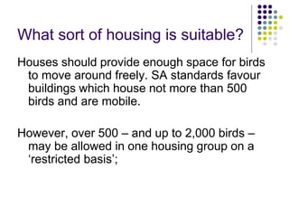 What sort of housing is suitable?
Houses should provide enough space for birds
to move around freely. SA standards favour
buildings which house not more than 500
birds and are mobile.
However, over 500 – and up to 2,000 birds –
may be allowed in one housing group on a
‘restricted basis’;
 