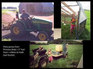 Pony pump from
Princess Auto + 1” fuel
hose + elbow to hook
over bucket.
 