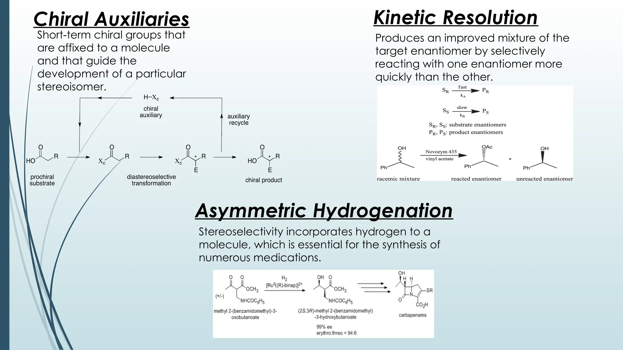 Kinetic Resolution
Produces an improved mixture of the
target enantiomer by selectively
reacting with one enantiomer more
quickly than the other.
Asymmetric Hydrogenation
Stereoselectivity incorporates hydrogen to a
molecule, which is essential for the synthesis of
numerous medications.
Chiral Auxiliaries
Short-term chiral groups that
are affixed to a molecule
and that guide the
development of a particular
stereoisomer.
 