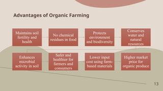 Advantages of Organic Farming
13
Maintains soil
fertility and
health
No chemical
residues in food
Protects
environment
and biodiversity
Conserves
water and
natural
resources
Enhances
microbial
activity in soil
Safer and
healthier for
farmers and
consumers
Lower input
cost using farm-
based materials
Higher market
price for
organic produce
 