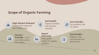 Scope of Organic Farming
6
High Market Demand
People prefer chemical-
free, healthy food.
Soil Health
Improves fertility
and microbes
naturally.
Eco-Friendly –
No pollution, safe
for nature.
Farmer-
Friendly – Low
cost, better prices,
local inputs.
Export
Potential –
Huge global
market for organic
products.
Sustainable –
Supports long-
term farming and
biodiversity.
 