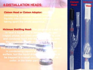 4-DISTIALLATION HEADS: Claisen Head   Hickman   Head Claisen Head or Claisen Adaptor:   allows introducing chemical reagents (usually liquids) into a reaction mixture without taking apart the whole apparatus.  Hickman Distilling Head:   The purpose of a still is to heat a liquid until is passes into the gas (vapor) phase, and then allow the vapor to cool and condense back into the liquid phase, with the condensed liquid trapped in a second container.  The Hickman still functions like the air condenser in condensing vapors with the cool glass surface, but the liquid drips down the inside to be trapped in a small circular depression, or collar, in the lower part of the tube.   