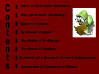 Contents ........ What is Microscale Chemistry ?   Why Microscale Chemistry ?   Basic Equipment.   Synthesis of Aspirin.   Synthesis of E –Benzal   Synthesis of Azodyes   Synthesis of 1-Bromo-3-chloro-5-iodobenzene Separation Of Component Mixture 