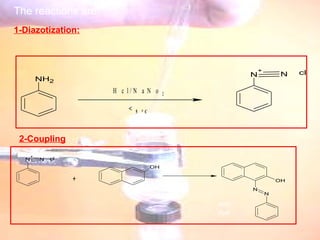 The reactions are: 1-Diazotization: 2-Coupling : azo dye   