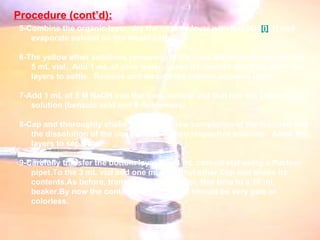 Procedure (cont’d): 5-Combine the organic layer, dry the organic layer with Na2SO4 [i] [1] and evaporate solvent on the steam bath.3    6-The yellow ether solutions remaining in the vials are recombined into the 5 mL vial.  Add 1 mL of pure water, shake its content and then allow the layers to settle.  Remove and discard the bottom aqueous layer.    7-Add 1 mL of 3 M NaOH into the 5 mL conical vial that has the yellow ether solution (benzoic acid and 9-fluorenone).    8-Cap and thoroughly shake the vial to allow completion of the reaction and the dissolution of the compounds in their respective solvents.  Allow the layers to separate.    9-Carefully transfer the bottom layer to a 3 mL conical vial using a Pasteur pipet.To the 3 mL vial add one ml of diethyl ether.Cap and shake its contents.As before, transfer the lower layer, this time to a 10 mL beaker.By now the contents of the beaker should be very pale or colorless.   