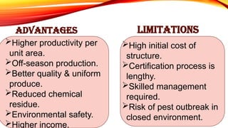 Advantages Limitations
Higher productivity per
unit area.
Off-season production.
Better quality & uniform
produce.
Reduced chemical
residue.
Environmental safety.
Higher income.
High initial cost of
structure.
Certification process is
lengthy.
Skilled management
required.
Risk of pest outbreak in
closed environment.
 