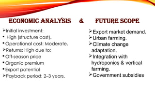 ECONOMIC ANALYSIS & FUTURE SCOPE
Initial investment:
 High (structure cost).
 Operational cost: Moderate.
Returns: High due to:
 Off-season price
 Organic premium
 Export potential
Payback period: 2–3 years.
Export market demand.
Urban farming.
Climate change
adaptation.
Integration with
hydroponics & vertical
farming.
Government subsidies
 