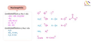 Nucleophilic
นิวคลิโอไฟล์ที่มีประจุ (Nu-) เช่น
-OH, -OR, CH3COO-
-N3
-
-CN, HCC-
Cl-, Br-, I-
HS-, RS-
นิวคลิโอไฟล์ที่ไม่มีประจุ (Nu:) เช่น
H2O
NH3, R-NH2
H2S, R-SH
 