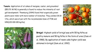 Tomato: Application of oil cakes of margosa, castor, and groundnut
(@0.2% W/W) is generally is found to reduce the intensity of root
gall development. Thamburaj (1994) found that organically grown
plants were taller with more number of branches. They yielded 28.18
t/ha, which was at par with the recommended dose of FYM and
NPK(120:100:100 kg/ha).
Brinjal: Highest yield of brinjal was with 50 kg N/ha as
poultry manure and 50 kg N/ha in the form of urea (Jose et
al, 1988). By application of neem cake higher yield was
obtained in brinjal (Som et al, 1992)
 