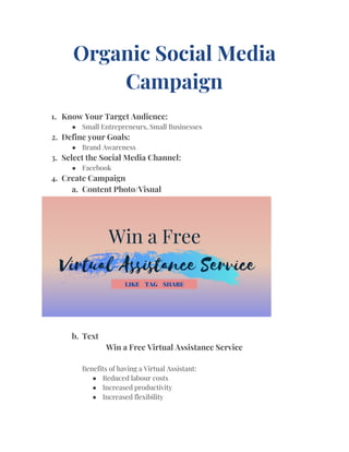 Organic Social Media 
Campaign 
 
1. Know Your Target Audience:  
● Small Entrepreneurs, Small Businesses 
2. Define your Goals: 
● Brand Awareness 
3. Select the Social Media Channel: 
● Facebook 
4. Create Campaign 
a. Content Photo/Visual 
 
 
b. Text 
Win a Free Virtual Assistance Service 
 
Benefits of having a Virtual Assistant: 
● Reduced labour costs 
● Increased productivity 
● Increased flexibility 
 