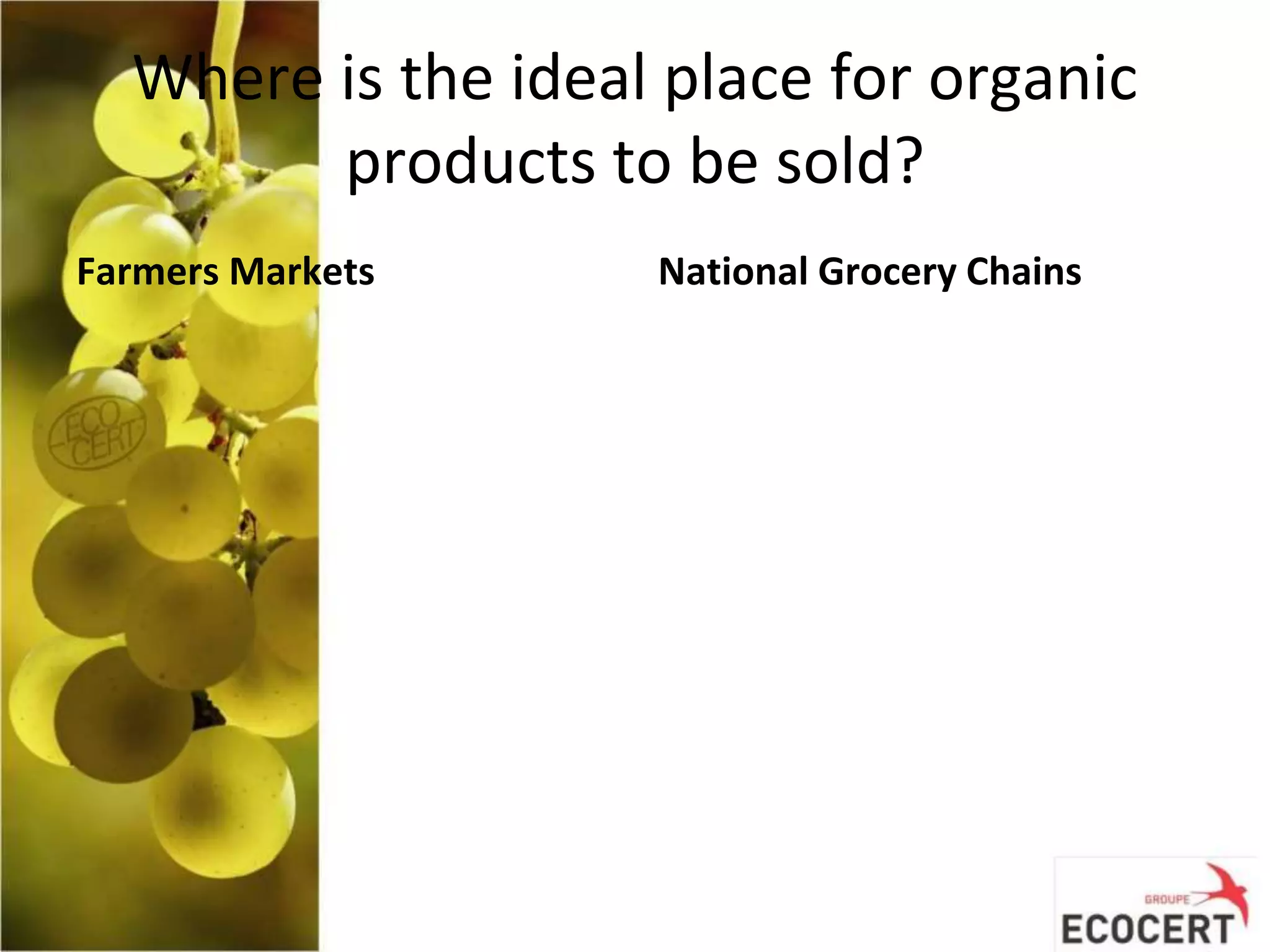 Where is the ideal place for organic
products to be sold?
Farmers Markets National Grocery Chains