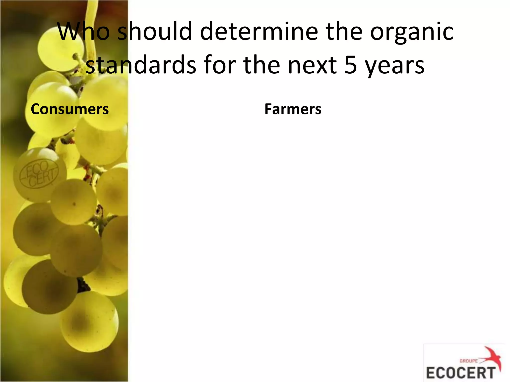Who should determine the organic
standards for the next 5 years
Consumers Farmers