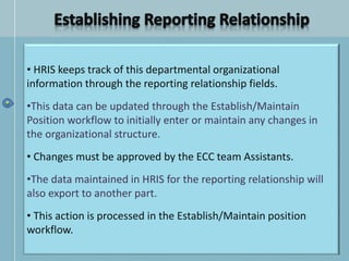 • HRIS keeps track of this departmental organizational
information through the reporting relationship fields.
•This data can be updated through the Establish/Maintain
Position workflow to initially enter or maintain any changes in
the organizational structure.
• Changes must be approved by the ECC team Assistants.
•The data maintained in HRIS for the reporting relationship will
also export to another part.
• This action is processed in the Establish/Maintain position
workflow.
 