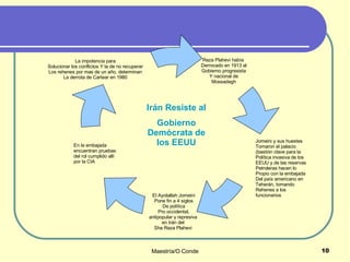 En la embajada encuentran pruebas del rol cumplido allí por la CIA Jomeini y sus huestes Tomaron el palacio  (bastión clave para la Política invasiva de los EEUU y de las reservas  Petroleras hacen lo Propio con la embajada  Del país americano en Teherán, tomando Rehenes a los  funcionarios Irán Resiste al Gobierno Demócrata de los EEUU Reza Plahevi había  Derrocado en 1913 al Gobierno progresista Y nacional de Mossadegh El Ayotallah Jomeini Pone fin a 4 siglos De política Pro occidental, antipopular y represiva  en Irán del  Sha Reza Plahevi  La impotencia para Solucionar los conflictos Y la de no recuperar Los rehenes por mas de un año, determinan La derrota de Cartear en 1980 