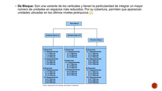  De Bloque: Son una variante de los verticales y tienen la particularidad de integrar un mayor
número de unidades en espacios más reducidos. Por su cobertura, permiten que aparezcan
unidades ubicadas en los últimos niveles jerárquicos [2].
 
