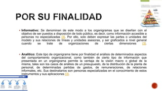  Informativo: Se denominan de este modo a los organigramas que se diseñan con el
objetivo de ser puestos a disposición de todo público, es decir, como información accesible a
personas no especializadas [3]. Por ello, solo deben expresar las partes o unidades del
modelo y sus relaciones de líneas y unidades asesoras, y ser graficados a nivel general
cuando se trate de organizaciones de ciertas dimensiones [3].
 Analítico: Este tipo de organigrama tiene por finalidad el análisis de determinados aspectos
del comportamiento organizacional, como también de cierto tipo de información que
presentada en un organigrama permite la ventaja de la visión macro o global de la
misma, tales son los casos de análisis de un presupuesto, de la distribución de la planta de
personal, de determinadas partidas de gastos, de remuneraciones, de relaciones
informales, etc. Sus destinatarios son personas especializadas en el conocimiento de estos
instrumentos y sus aplicaciones [3].
 