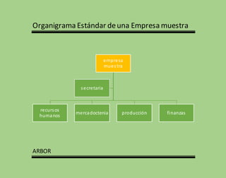 Organigrama Estándar deuna Empresa muestra
ARBOR
empresa
muestra
recursos
humanos
mercadoctenia producción finanzas
secretaria
 