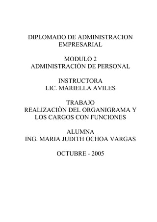 DIPLOMADO DE ADMINISTRACION
EMPRESARIAL
MODULO 2
ADMINISTRACIÒN DE PERSONAL
INSTRUCTORA
LIC. MARIELLA AVILES
TRABAJO
REALIZACIÒN DEL ORGANIGRAMA Y
LOS CARGOS CON FUNCIONES
ALUMNA
ING. MARIA JUDITH OCHOA VARGAS
OCTUBRE - 2005
 
