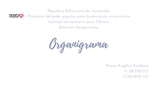 Organigrama
María Angélica Escalona
V: 28.338.553
CON-INA-133
República Bolivariana de Venezuela
Ministerio del poder popular para la educación universitaria
Instituto Universitario Jesús Obrero
Extensión Barquisimeto
 