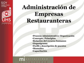 Administración de 
Empresas 
Restauranteras 
•Proceso Administrativo: Organización 
•Concepto, Principios 
•Rotación del recurso humanos 
•Organigrama 
•Perfil y descripción de puestos 
•Manuales 
•Capacitación 
 