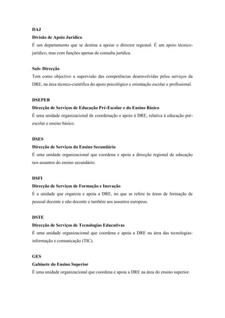 DAJ
Divisão de Apoio Jurídico
É um departamento que se destina a apoiar o director regional. É um apoio técnico-
jurídico, mas com funções apenas de consulta jurídica.
Sub- Direcção
Tem como objectivo a supervisão das competências desenvolvidas pelos serviços da
DRE, na área técnico-científica do apoio psicológico e orientação escolar e profissional.
DSEPEB
Direcção de Serviços de Educação Pré-Escolar e do Ensino Básico
É uma unidade organizacional de coordenação e apoio à DRE, relativa à educação pré-
escolar e ensino básico.
DSES
Direcção de Serviços do Ensino Secundário
É uma unidade organizacional que coordena e apoia a direcção regional de educação
nos assuntos do ensino secundário.
DSFI
Direcção de Serviços de Formação e Inovação
É a unidade que organiza e apoia a DRE, no que se refere às áreas de formação de
pessoal docente e não docente e também aos assuntos europeus.
DSTE
Direcção de Serviços de Tecnologias Educativas
É uma unidade organizacional que coordena e apoia a DRE na área das tecnologias:
informação e comunicação (TIC).
GES
Gabinete do Ensino Superior
É uma unidade organizacional que coordena e apoia a DRE na área do ensino superior.
 