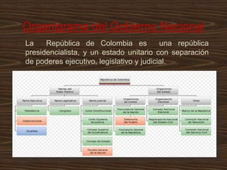 Organigrama del Gobierno Nacional
La    República de Colombia es            una república
presidencialista, y un estado unitario con separación
de poderes ejecutivo, legislativo y judicial.
 