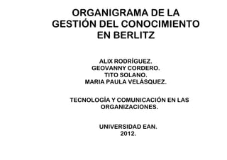 ORGANIGRAMA DE LA
GESTIÓN DEL CONOCIMIENTO
       EN BERLITZ

         ALIX RODRÍGUEZ.
       GEOVANNY CORDERO.
           TITO SOLANO.
      MARIA PAULA VELÁSQUEZ.


  TECNOLOGÍA Y COMUNICACIÓN EN LAS
         ORGANIZACIONES.


         UNIVERSIDAD EAN.
               2012.
 