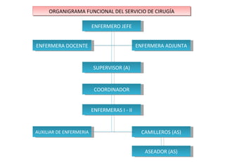 ORGANIGRAMA FUNCIONAL DEL SERVICIO DE CIRUGÍA

                         ENFERMERO JEFE


ENFERMERA DOCENTE                            ENFERMERA ADJUNTA


                         SUPERVISOR (A)


                          COORDINADOR


                         ENFERMERAS I - II


AUXILIAR DE ENFERMERIA                        CAMILLEROS (AS)


                                                ASEADOR (AS)
 