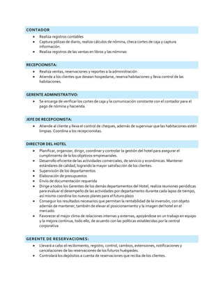 CONTADOR
 Realiza registros contables
 Captura pólizas de diario, realiza cálculos de nómina, checa cortes de caja y captura
información.
 Realiza registros de las ventas en libros y las nóminas
RECEPCIONISTA:
 Realiza ventas, reservaciones y reportes a la administración
 Atiende a los clientes que desean hospedarse, reserva habitaciones y lleva control de las
habitaciones.
GERENTE ADMINISTRATIVO:
 Se encarga de verificar los cortes de caja y la comunicación constante con el contador para el
pago de nómina y hacienda.
JEFE DE RECEPCIONISTA:
 Atiende al cliente y lleva el control de cheques, además de supervisar que las habitaciones estén
limpias. Coordina a los recepcionistas.
DIRECTOR DEL HOTEL
 Planificar, organizar, dirigir, coordinar y controlar la gestión del hotel para asegurar el
cumplimiento de la los objetivos empresariales.
 Desarrollo eficiente de las actividades comerciales, de servicio y económicas. Mantener
estándares de calidad, logrando la mayor satisfacción de los clientes.
 Supervisión de los departamentos
 Elaboración de presupuestos
 Envío de documentación requerida
 Dirige a todos los Gerentes de los demás departamentos del Hotel, realiza reuniones periódicas
para evaluar el desempeño de las actividades por departamento durante cada lapso de tiempo,
así mismo coordina los nuevos planes para el futuro plazo
 Conseguir los resultados necesarios que permitan la rentabilidad de la inversión, con objeto
además de mantener, también de elevar el posicionamiento y la imagen del hotel en el
mercado.
 Favorecer el mejor clima de relaciones internas y externas, apoyándose en un trabajo en equipo
y la mejora continua, todo ello, de acuerdo con las políticas establecidas por la central
corporativa
GERENTE DE RESERVACIONES:
 Llevará a cabo el recibimiento, registro, control, cambios, extensiones, notificaciones y
cancelaciones de las reservaciones de los futuros huéspedes.
 Controlará los depósitos a cuenta de reservaciones que reciba de los clientes.
 