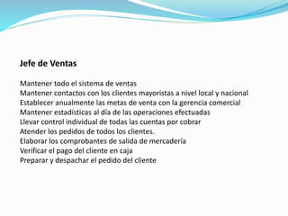 Jefe de Ventas
Mantener todo el sistema de ventas
Mantener contactos con los clientes mayoristas a nivel local y nacional
Establecer anualmente las metas de venta con la gerencia comercial
Mantener estadísticas al día de las operaciones efectuadas
Llevar control individual de todas las cuentas por cobrar
Atender los pedidos de todos los clientes.
Elaborar los comprobantes de salida de mercadería
Verificar el pago del cliente en caja
Preparar y despachar el pedido del cliente
 