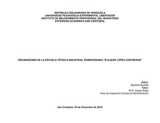 REPÚBLICA BOLIVARIANA DE VENEZUELA
UNIVERSIDAD PEDAGÓGICA EXPERIMENTAL LIBERTADOR
INSTITUTO DE MEJORAMIENTO PROFESIONAL DEL MAGISTERIO
EXTENSIÓN ACADÉMICA SAN CRISTÓBAL
ORGANIGRAMA DE LA ESCUELA TÉCNICA INDUSTRIAL ROBINSONIANA “ELEAZAR LÓPEZ CONTRERAS”
Autor:
Bautista Rodolfo
Tutor:
Prof. Virgilia Salas
Fase de Integración Docencia Administración
San Cristóbal, 05 de Diciembre de 2016
 
