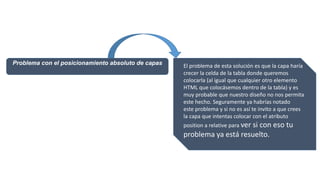 Problema con el posicionamiento absoluto de capas El problema de esta solución es que la capa haría
crecer la celda de la tabla donde queremos
colocarla (al igual que cualquier otro elemento
HTML que colocásemos dentro de la tabla) y es
muy probable que nuestro diseño no nos permita
este hecho. Seguramente ya habrías notado
este problema y si no es así te invito a que crees
la capa que intentas colocar con el atributo
position a relative para ver si con eso tu
problema ya está resuelto.
 