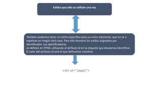 Estilos que sólo se utilizan una vez
También podemos tener un estilo específico para un único elemento, que no va a
repetirse en ningún otro caso. Para ello tenemos los estilos asignados por
identificador. Los identificadores
se definen en HTML utilizando el atributo id en la etiqueta que deseamos identificar.
El valor del atributo id será el que definamos nosotros.
<div id="capa1">
 