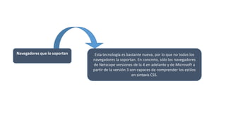 Navegadores que lo soportan Esta tecnología es bastante nueva, por lo que no todos los
navegadores la soportan. En concreto, sólo los navegadores
de Netscape versiones de la 4 en adelante y de Microsoft a
partir de la versión 3 son capaces de comprender los estilos
en sintaxis CSS.
 