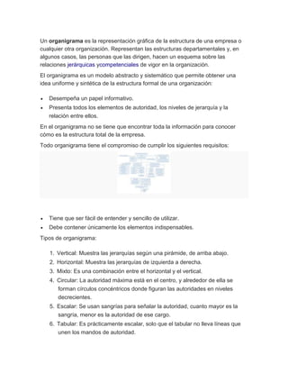 Un organigrama es la representación gráfica de la estructura de una empresa o
cualquier otra organización. Representan las estructuras departamentales y, en
algunos casos, las personas que las dirigen, hacen un esquema sobre las
relaciones jerárquicas ycompetenciales de vigor en la organización.
El organigrama es un modelo abstracto y sistemático que permite obtener una
idea uniforme y sintética de la estructura formal de una organización:
 Desempeña un papel informativo.
 Presenta todos los elementos de autoridad, los niveles de jerarquía y la
relación entre ellos.
En el organigrama no se tiene que encontrar toda la información para conocer
cómo es la estructura total de la empresa.
Todo organigrama tiene el compromiso de cumplir los siguientes requisitos:
 Tiene que ser fácil de entender y sencillo de utilizar.
 Debe contener únicamente los elementos indispensables.
Tipos de organigrama:
1. Vertical: Muestra las jerarquías según una pirámide, de arriba abajo.
2. Horizontal: Muestra las jerarquías de izquierda a derecha.
3. Mixto: Es una combinación entre el horizontal y el vertical.
4. Circular: La autoridad máxima está en el centro, y alrededor de ella se
forman círculos concéntricos donde figuran las autoridades en niveles
decrecientes.
5. Escalar: Se usan sangrías para señalar la autoridad, cuanto mayor es la
sangría, menor es la autoridad de ese cargo.
6. Tabular: Es prácticamente escalar, solo que el tabular no lleva líneas que
unen los mandos de autoridad.
 