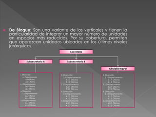  De Bloque: Son una variante de los verticales y tienen la
particularidad de integrar un mayor número de unidades
en espacios más reducidos. Por su cobertura, permiten
que aparezcan unidades ubicadas en los últimos niveles
jerárquicos.
Secretario
1. Dirección
1.1 Departamento
1.1.1 Oficina
1.1.2 Oficina
1.2 Departamento
1.2.1 Oficina
1.2.2 Oficina
2. Dirección
2.1 Departamento
2.1.1 Oficina
2.1.2 Oficina
2.2 Departamento
2.2.1 Oficina
2.2.2 Oficina
3. Dirección
3.1 Departamento
3.1.1 Oficina
3.1.2 Oficina
3.2 Departamento
3.2.1 Oficina
3.2.2 Oficina
4. Dirección
4.1 Departamento
4.1.1 Oficina
4.1.2 Oficina
4.2 Departamento
4.2.1 Oficina
4.2.2 Oficina
5. Dirección
5.1 Departamento
5.1.1 Oficina
5.1.2 Oficina
5.2 Departamento
5.2.1 Oficina
5.2.2 Oficina
6. Dirección
6.1 Departamento
6.1.1 Oficina
6.1.2 Oficina
6.2 Departamento
6.2.1 Oficina
6.2.2 Oficina
Subsecretaría A Subsecretaría B
Oficialía Mayor
 