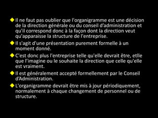 Il ne faut pas oublier que l'organigramme est une décision de la direction générale ou du conseil d’administration et qu'il correspond donc à la façon dont la direction veut qu'apparaisse la structure de l'entreprise.  Il s'agit d'une présentation purement formelle à un moment donné.  C'est donc plus l'entreprise telle qu'elle devrait être, etlle que l’imagine ou le souhaite la direction que celle qu'elle est vraiment. Il est généralement accepté formellement par le Conseil d’Administration. L'organigramme devrait être mis à jour périodiquement, normalement à chaque changement de personnel ou de structure.  