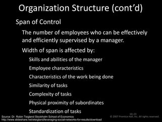 Organization Structure (cont’d) Span of Control The number of employees who can be effectively and efficiently supervised by a manager. Width of span is affected by: Skills and abilities of the manager Employee characteristics Characteristics of the work being done Similarity of tasks Complexity of tasks Physical proximity of subordinates Standardization of tasks  © 2007 Prentice Hall, Inc. All rights reserved.  10– Source: Dr. Robin Teigland Stockholm School of Economics http://www.slideshare.net/eteigland/leveraging-social-networks-for-results/download   