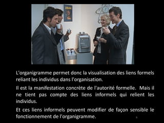 L'organigramme permet donc la visualisation des liens formels reliant les individus dans l'organisation.  Il est la manifestation concrète de l'autorité formelle.  Mais il ne tient pas compte des liens informels qui relient les individus.  Et ces liens informels peuvent modifier de façon sensible le fonctionnement de l'organigramme. 