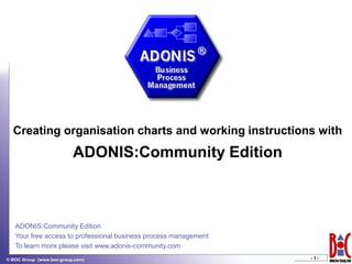 Creating organisation charts and working instructions with
                          ADONIS:Community Edition



   ADONIS:Community Edition
   Your free access to professional business process management
   To learn more please visit www.adonis-community.com
                                                                  -1-
© BOC Group (www.boc-group.com)
 